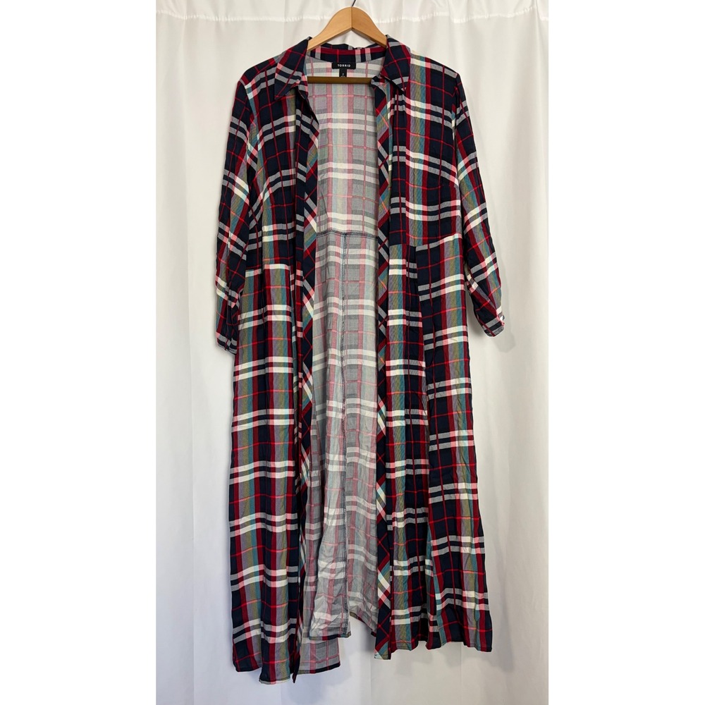 Torrid Plaid Duster Cardigan Open Front Longline Kimono Size 2 Fall Layering
